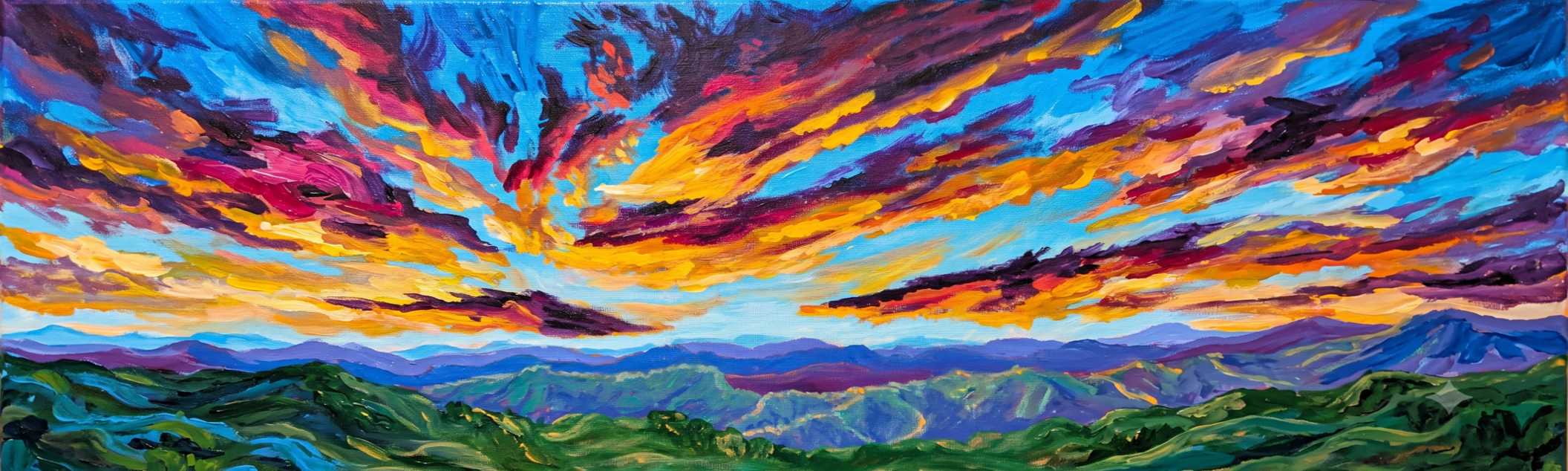 Colorful painting of a sunset over mountains